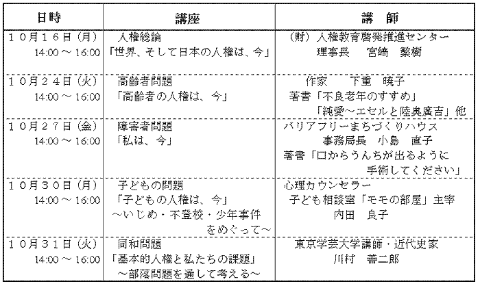 日程表 10月16日人権総論/10月24日高齢者問題/10月27日障害者問題/10月30日子どもの問題/10月31日同和問題