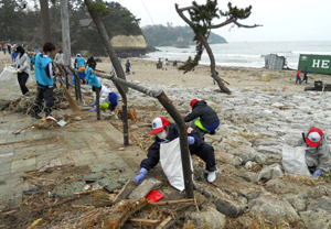 写真：砂浜を整える人々