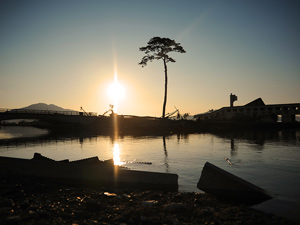 写真：夕日に浮かぶ一本松と瓦礫が残る街