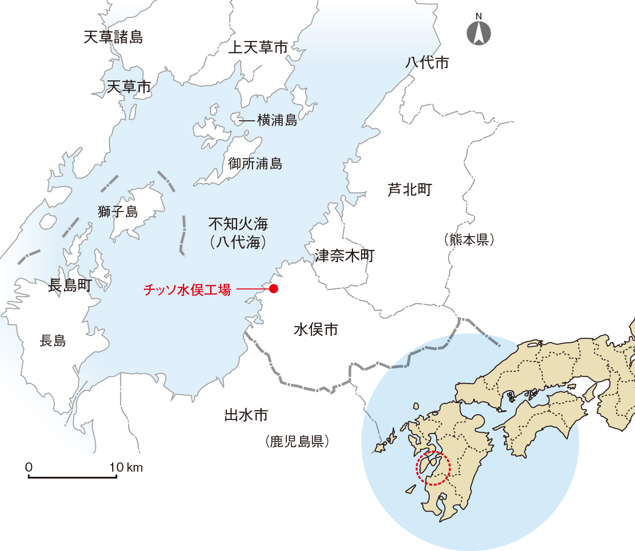チッソ水俣工場の場所を表す地図